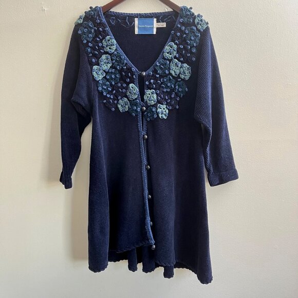 Vintage 1990s Deirdre Fitzgerald Blue Chunky Knit Button Front Tunic Sweater - Picture 1 of 7